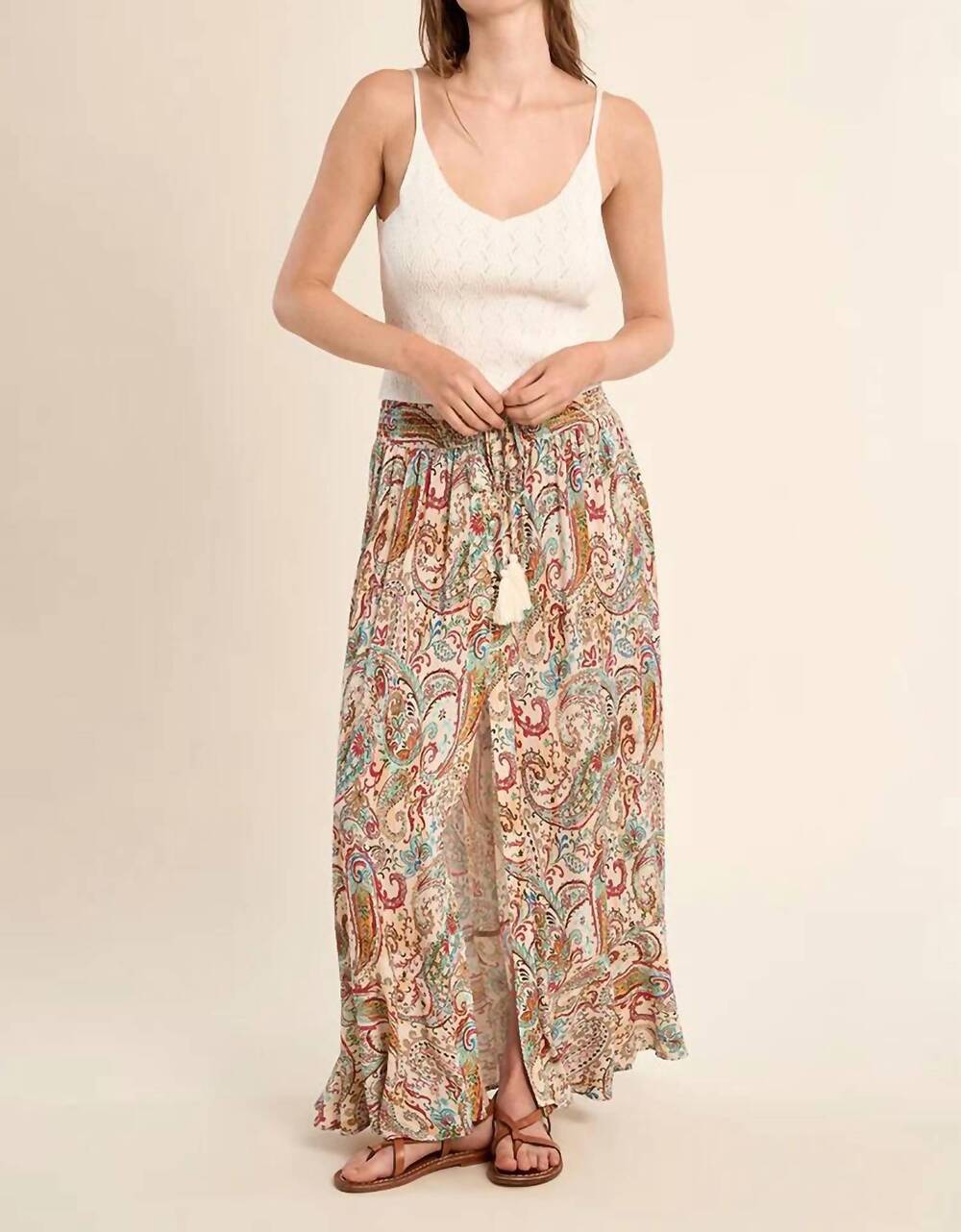 NEW MOLLY BRACKEN paola paisley smocked maxi skirt in off-white